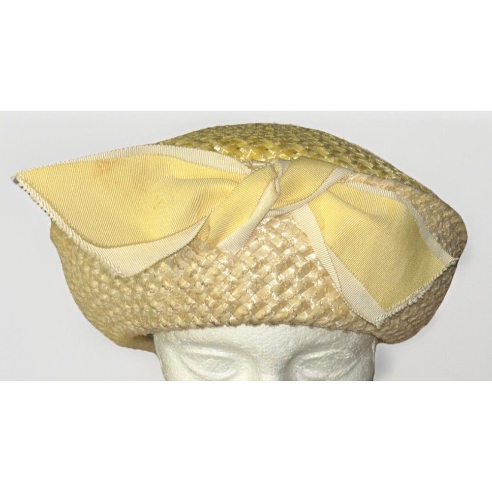 Vtg Hat Mr John Jr. Straw Yellow‎ White Ribbon 60’s 70’s Mod Church Sunday Best